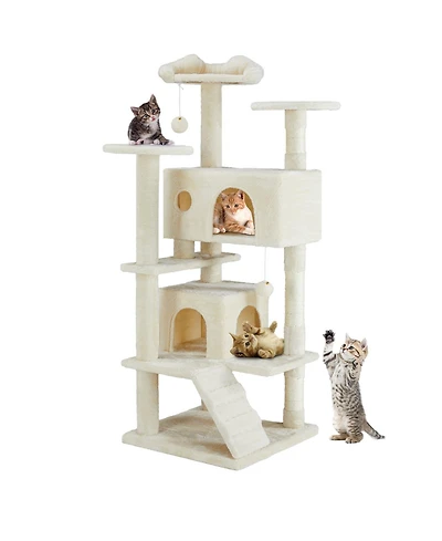 Zeus & Ruta 54in Beige Multi-Functional Cat Tree: Climbing Frame, Lounge, Detachable Toy