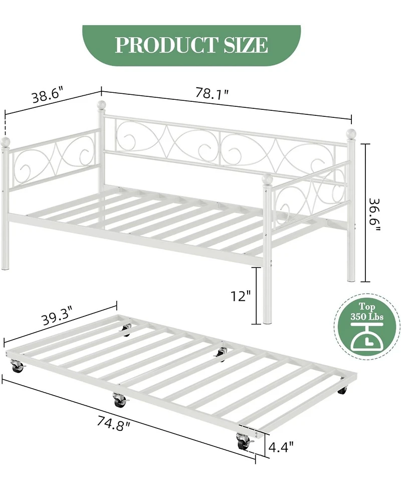gaomon Twin Daybed with Trundle Bed, Space-Saving Metal Day Bed Frame with Floral Headboard and Heavy Duty Steel Slats