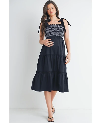 Hello Miz Maternity Smocked Empire Waist Midi Dress with Shoulder Ties