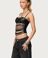 Edikted Women's Nia Cutout Shredded Faux Leather Top