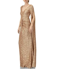 Ivonne Women's Long Sleeve V-Neck Sequin Evening Dress with Slit