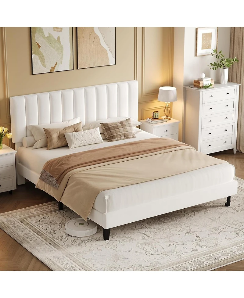 gaomon Full Size Bed Frame with Adjustable Height Headboard, Upholstered Platform Bed Frame with Vertical Channel Tufted Design