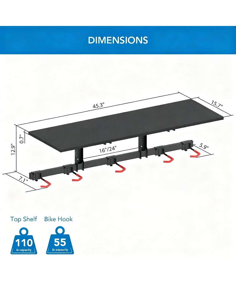 Yigii Adjustable Wall Bike Rack, Holds 5 Bikes, 110 lb Shelf, Rubber Coated Hooks, Easy Install