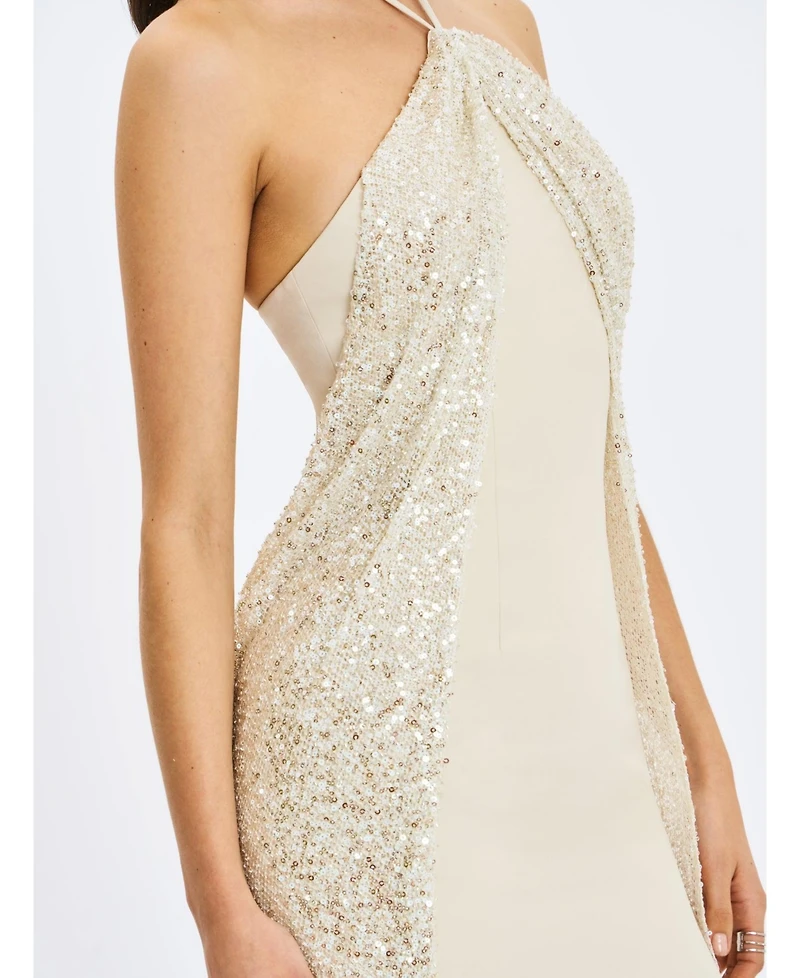 Miss Circle Women's Quimera Almond Beaded Cape Halter Off-Shoulder Maxi Gown