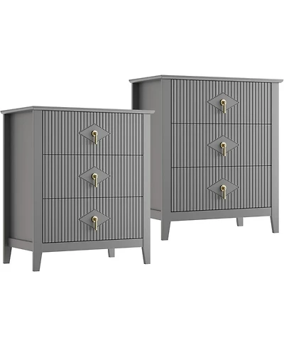 gaomon 2 Piece Fluted Nightstand Set, 27.5" Wide Bedside Tables with 3 Storage Drawers & Metal Handles for Bedroom