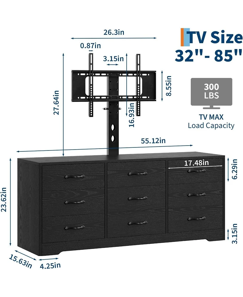 gaomon Modern Tv Stand with Mount, 55 Inch Entertainment Center with 9 Drawers, Adjustable Height Media Console for TVs Up to 85 Inch
