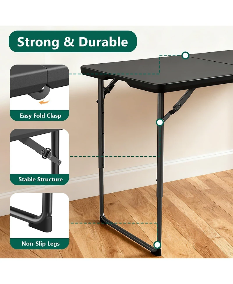 Decksplore 4 Feet Blow Molded Folding Table Heavy Duty Fold Half Plastic with Adjustable Height for Indoor Outdoor Picnic party