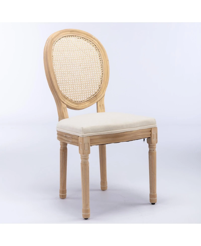sumyeg French Style Solid Wood Frame Dining Chair with Linen Fabric and Rattan Back Set of 2