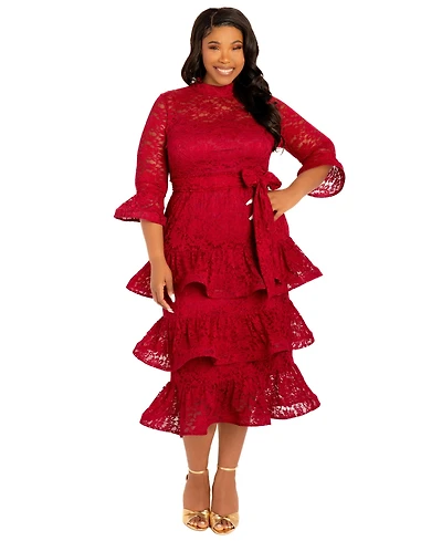 Buxom Couture Plus Lace Bell Sleeve Tiered Dress