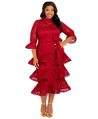 Buxom Couture Plus Lace Bell Sleeve Tiered Dress