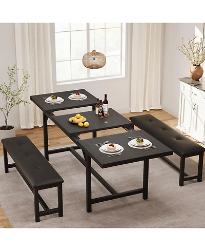 gaomon 3Pcs Dining Table Set for 4-6, 63" Extendable Thick Metal Frame Kitchen with 2 Upholstered Benches 6, Wooden Dinette
