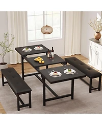 gaomon 3Pcs Dining Table Set for 4-6, 63" Extendable Thick Metal Frame Kitchen with 2 Upholstered Benches 6, Wooden Dinette