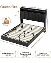 gaomon Upholstered Leather Led Light Charging Station Floating Bed Frame