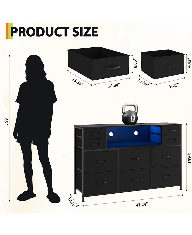 gaomon 10 Fabric Drawers Dresser with Led Lights, Entertainment Center with Charging Station, Wood Top, Open Shelves, Tv Stand for 40"-55" T
