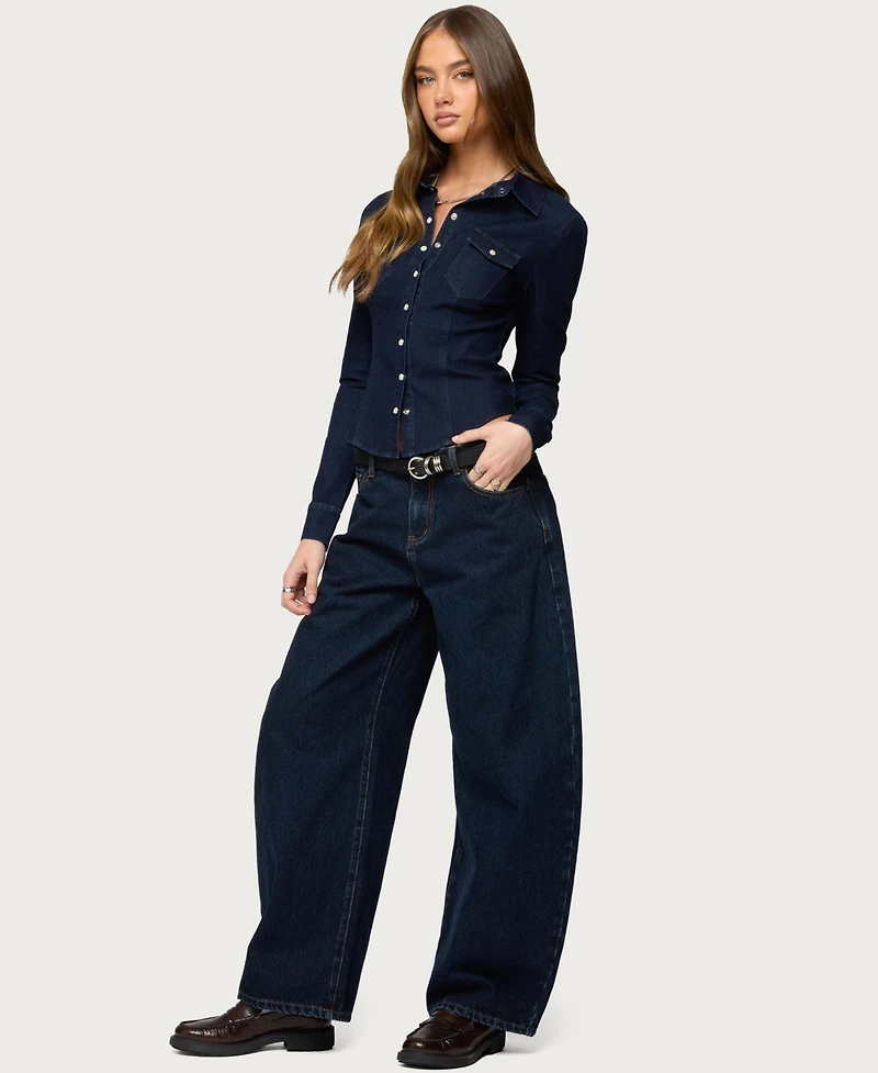 Edikted Women's Shylo Stretchy Denim Button Up Shirt