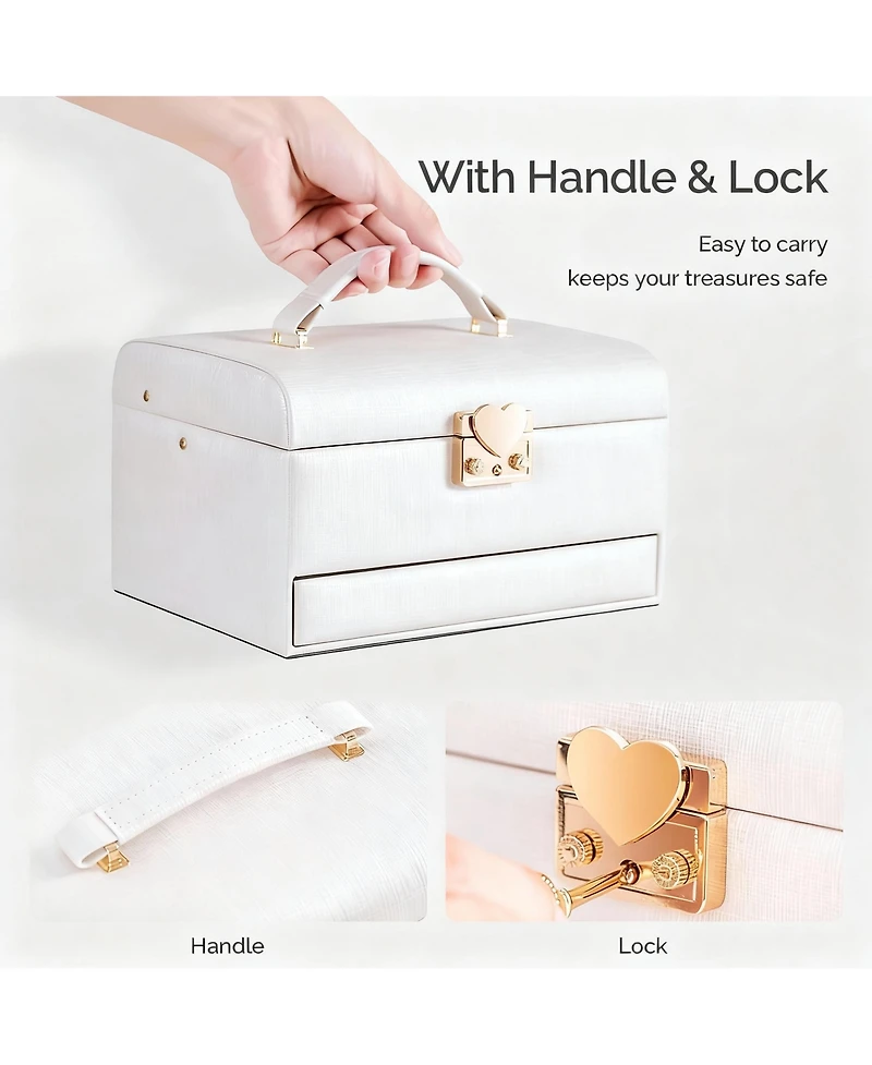 Yigii Leather Jewelry Organizer with 3 Drawers, Mirror, and Lock