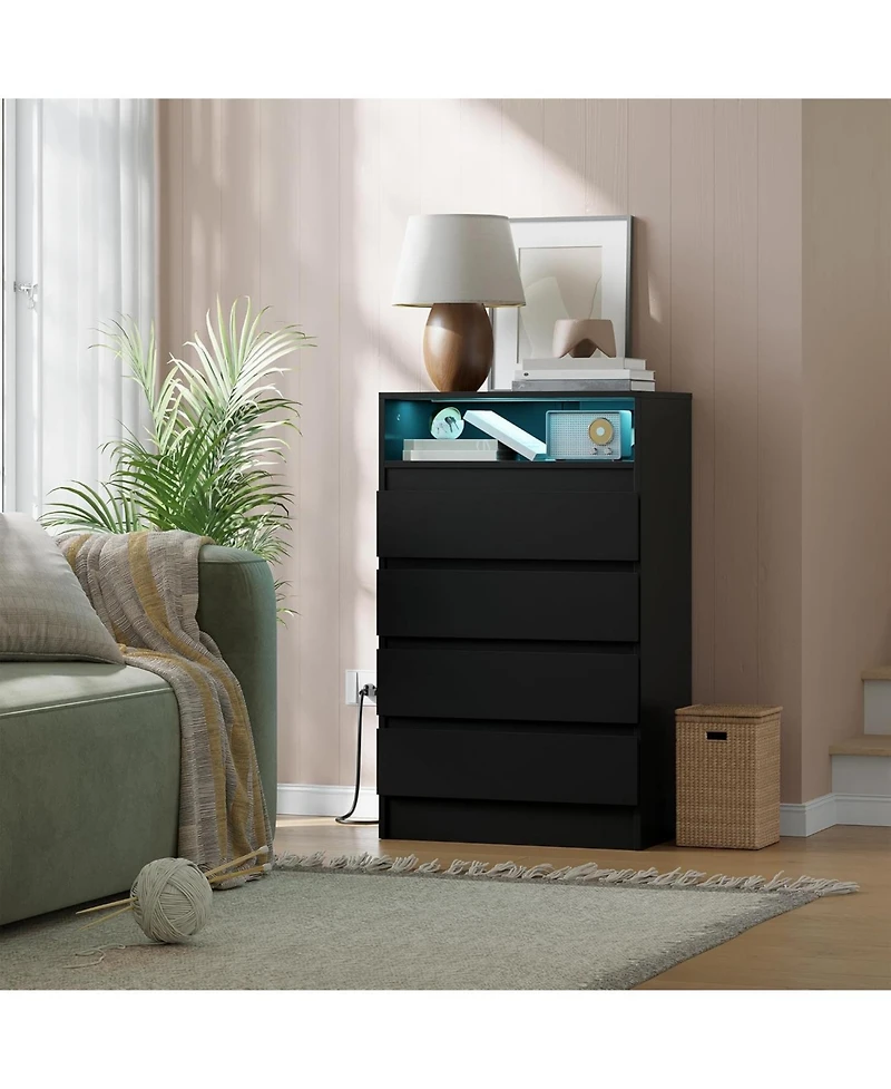 gaomon 4 Drawer Double Dresser with Power Outlet, Accent Chests of Drawers Led Light, Modern White Storage Charging