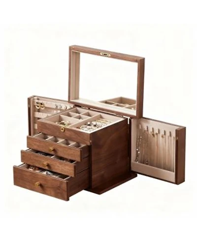 Yigii Luxury Walnut Jewelry Organizer with Mirror Lock
