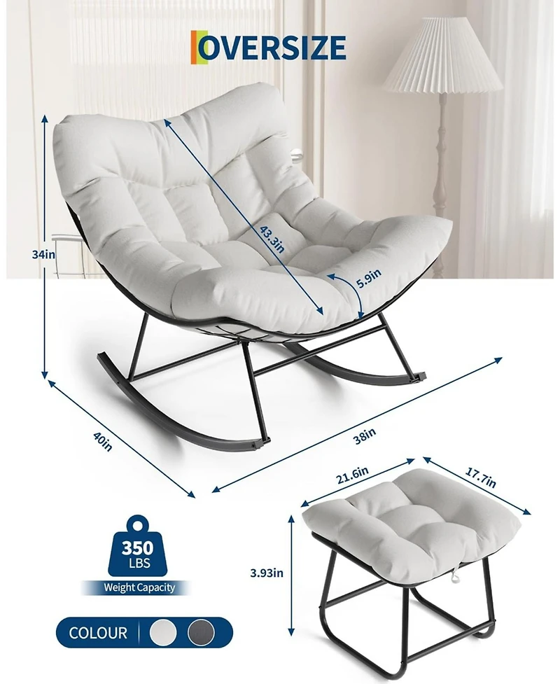 gaomon Oversized Outdoor Papasan Rocking Chair with Ottoman, Weather-Resistant Rattan Egg Rocker Metal Frame