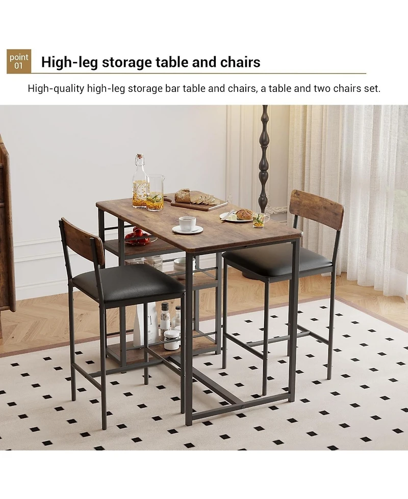 gaomon 3Pcs Dining Table Set for 2, Kitchen Table and Chairs for 2 with 3 Storage Shelves, Pu Cushion Chairs & Thick Wood Top, 3Pcs Dining Table Set