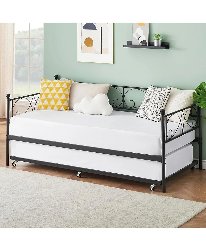 gaomon Twin Daybed with Trundle, Metal Trundle Bed, Space Saving Sofa Bed Frame & Guest Bed for Small Apartment, Bedroom, Living Room