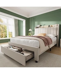 gaomon Bed Frame with Storage Headboard, Wooden Full Bed Frame with Charging Station, Metal Platform BedFrame with Large Drawers