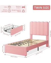 gaomon 2 Set Twin Bed Frames with Under Bed Drawers, Upholstered Platform Beds with Wave Headboards and Slat Support, No Box Spring Needed
