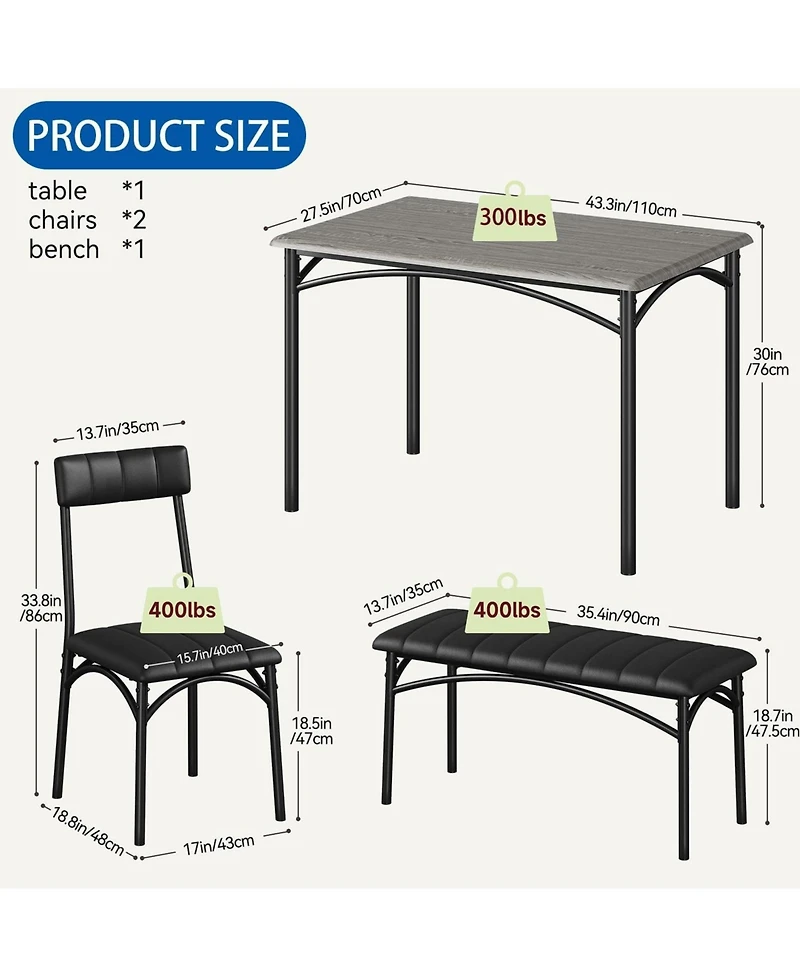 gaomon 4Pcs Dining Set for 4 with Table, 2 Chairs & Upholstered Bench, Rectangular Wood Kitchen Table for Small Spaces