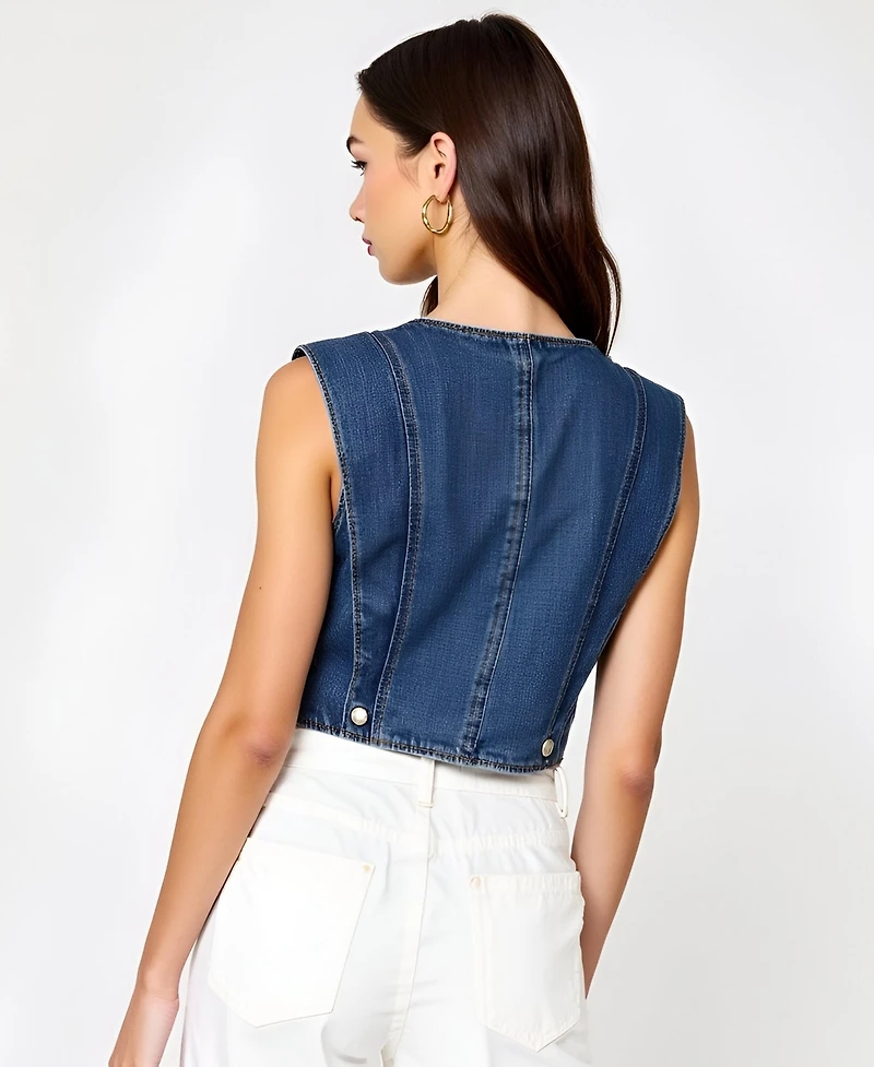 Modenaire Women's V-Neck Button-Front Angled Hem Denim Vest