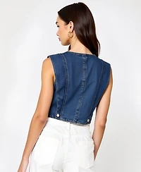 Modenaire Women's V-Neck Button-Front Angled Hem Denim Vest