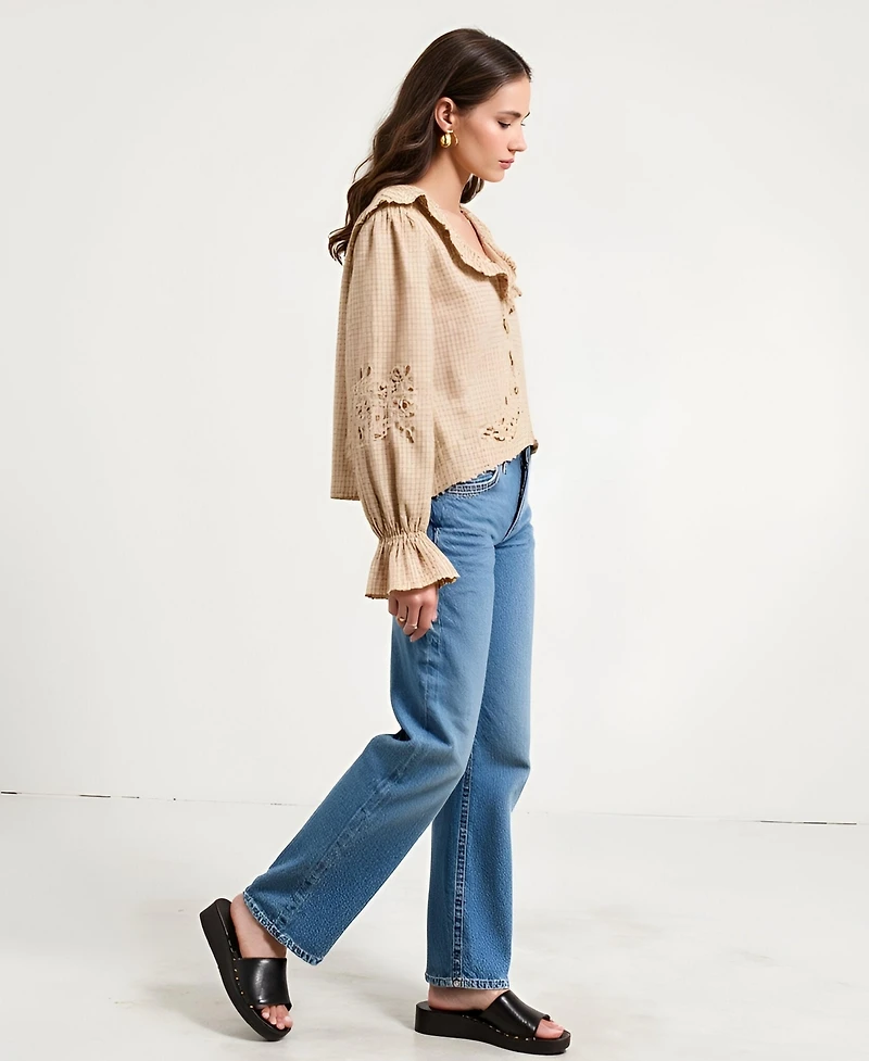 Modenaire Women's Florence Embroidered Ruffle Collar Puff Sleeve Blouse