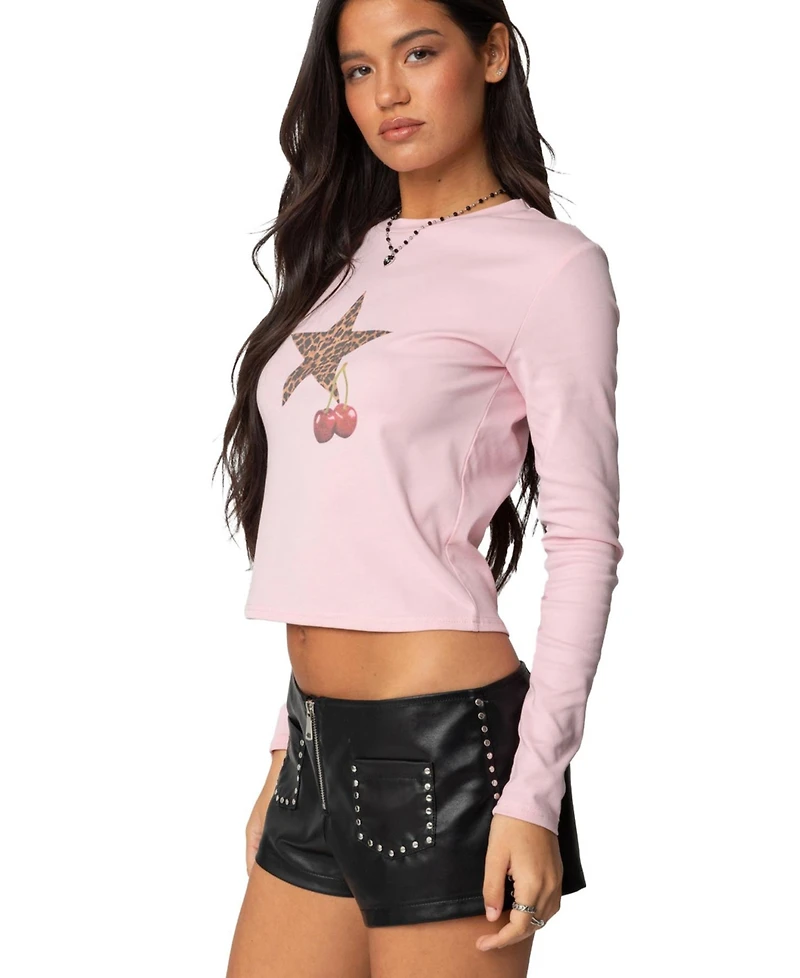 Edikted Women's Cherry Leopard Star Long Sleeve T Shirt