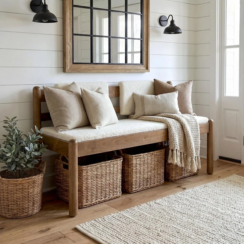 Tribesigns Solid Wood Entryway Bench, 49" Dining Bench with Back, Wood Settee Bench with Upholstered Seat, Farmhouse Bedroom Bench