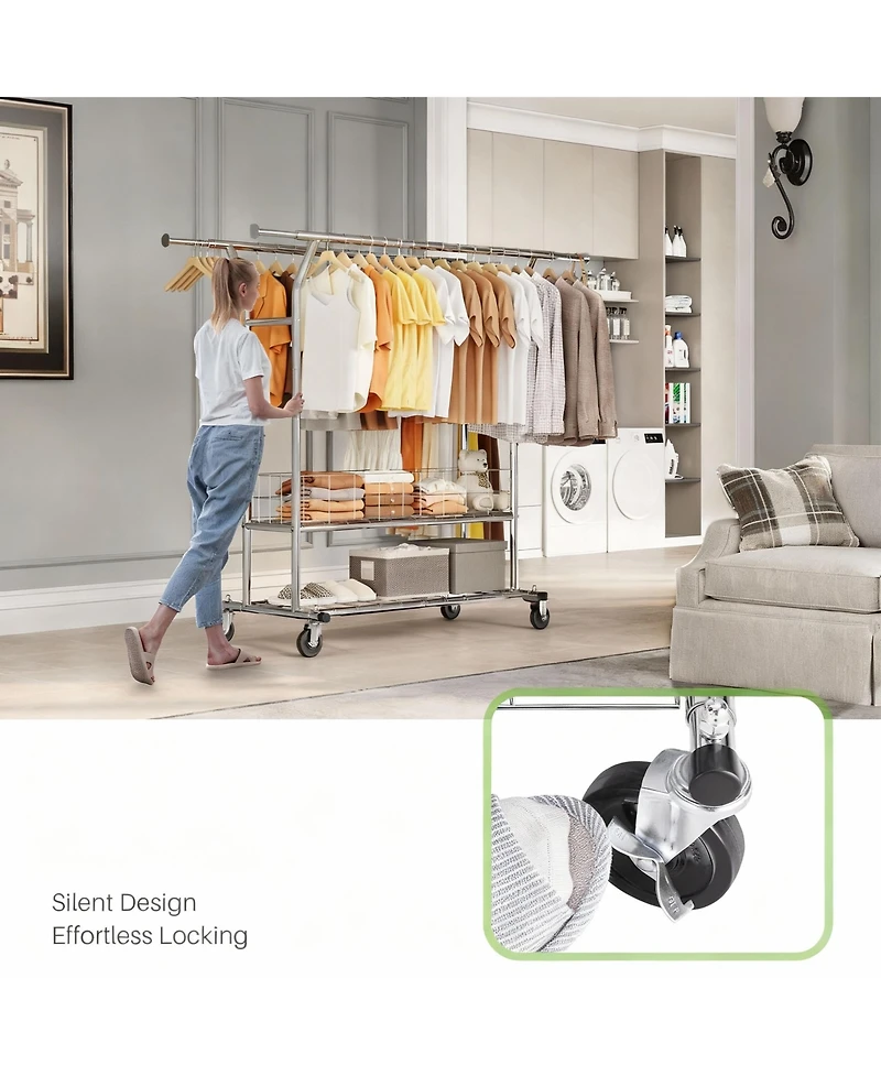 Yigii Adjustable 3-in-1 Metal Garment Rack with Storage Basket and Wheels