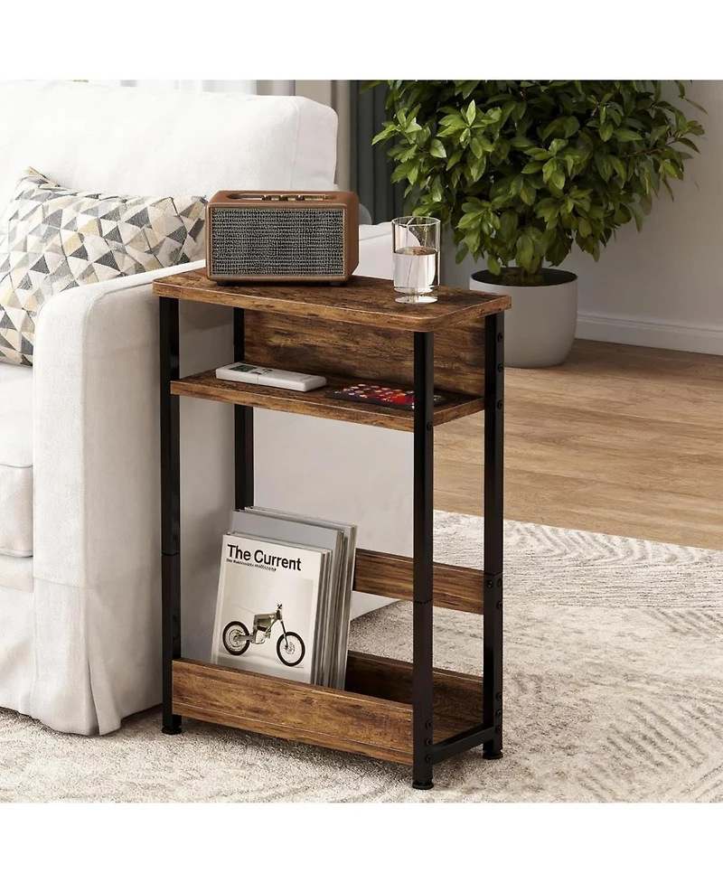 gaomon Narrow Side Table with Storage Shelf, 3-Tier Slim End Magazine Holder, Modern Sofa Thin Tables