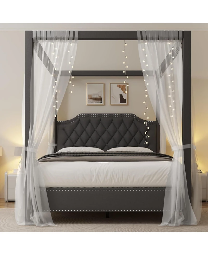 gaomon Upholstered Canopy Platform Bed, Button Tufted Headboard, Nailhead Trim, No Box Spring