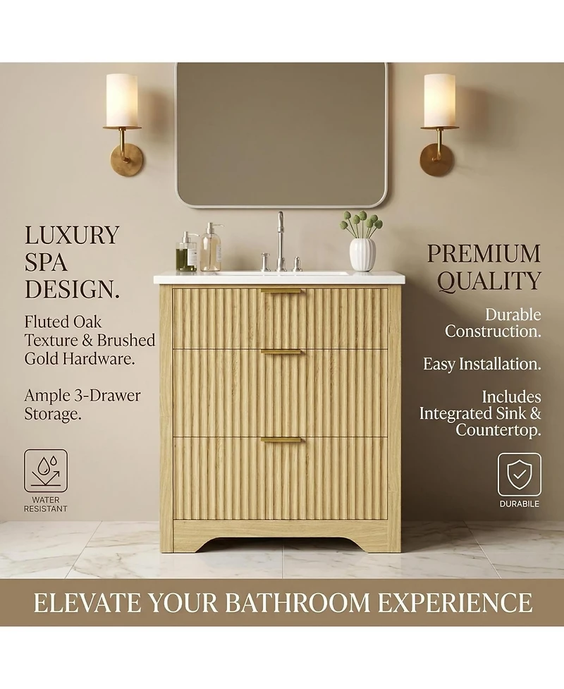 gaomon 30 Inch Fluted Bathroom Vanity with Sink, Farmhouse Freestanding Cabinet with 2 Drawers and Flip Down Storage, Easy Assembly