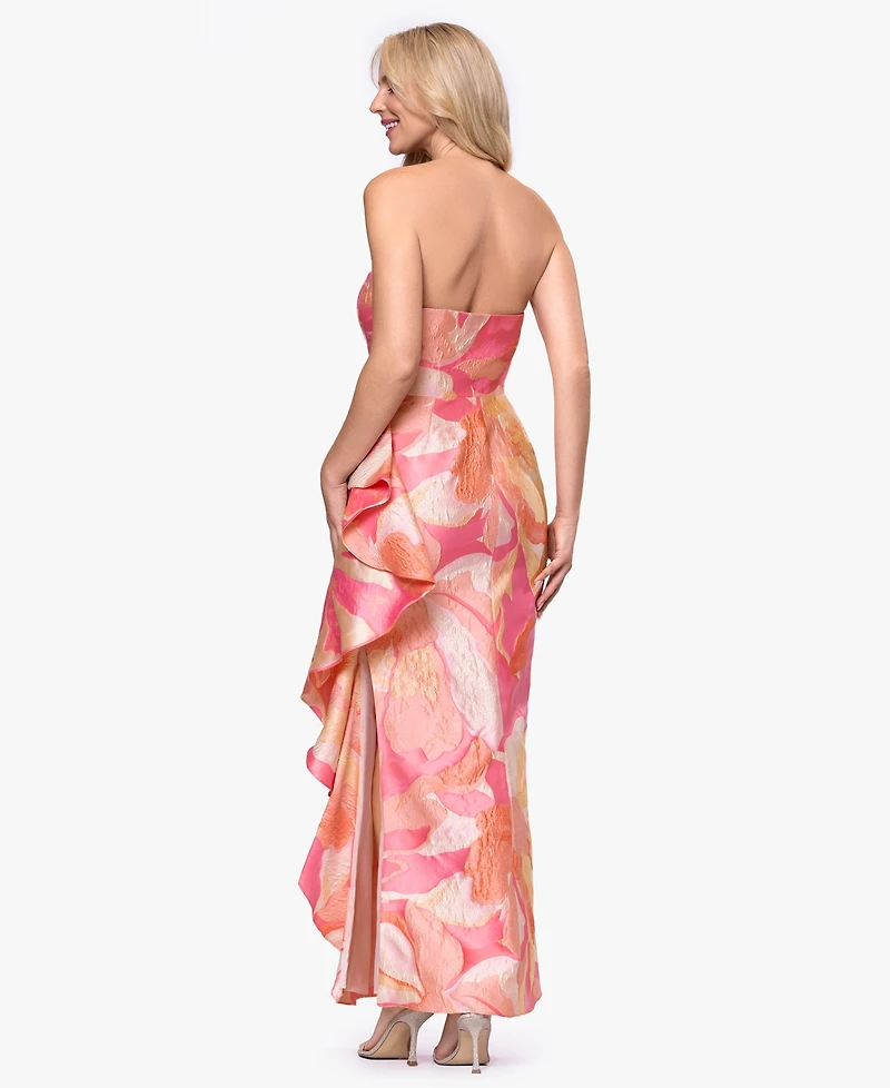 Betsy & Adam Women's Strapless Side Ruffle Ball Gown