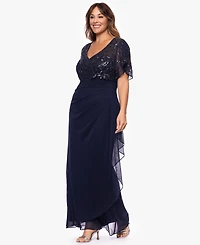 Xscape Plus-Size V-Neck Short-Sleeve Ball Gown