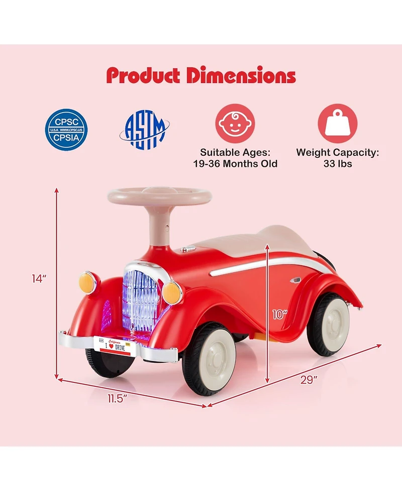 Mecale Toddler Ride on Toy Classic Sliding Car with Horn and Led Headlight-Red