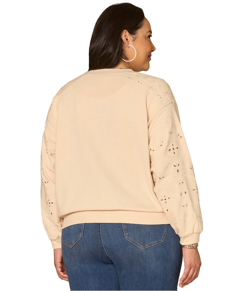 Democracy Plus Long Blouson-Sleeve Embroidered Sweatshirt