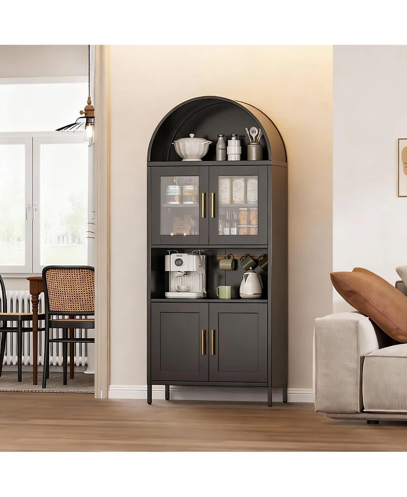 Yigii Metal Arched Kitchen Cabinet 4 Doors - Glass & Metal, Adjustable Shelves, Moisture-Proof