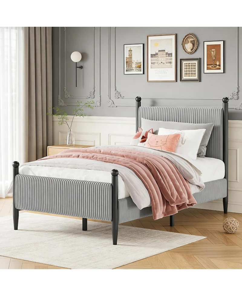 gaomon Twin Upholstered Bed Frame with Velvet Headboard, Corduroy Platform, No Box Spring