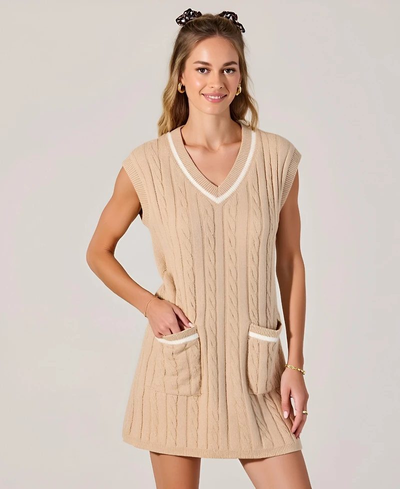 Modenaire Women's Cable Knit Sleeveless V-Neck Contrast Stripe Mini Dress