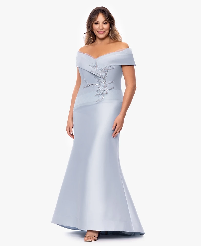 Betsy & Adam Plus Off-The-Shoulder Beaded Ball Gown