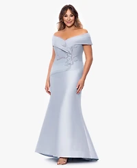 Betsy & Adam Plus Off-The-Shoulder Beaded Ball Gown