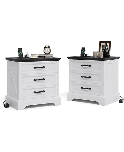 gaomon Modern Farmhouse Nightstand with Charging Station & 3 Large Drawers, Rustic End Side Table for Bedroom