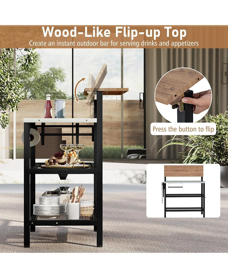 Mecale Outdoor Foldable Grill Table with Flip-Up Top and 2 Storage Shelves for Backyard