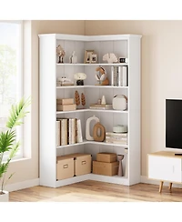 gaomon 5-Tier Farmhouse Corner Bookshelf, 72.8" L Shaped Wood Display Rack, Half Panel, Living Room, Office