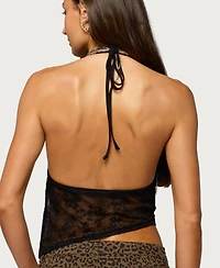 Edikted Women's Asymmetric Fringe Sheer Lace Halter Top